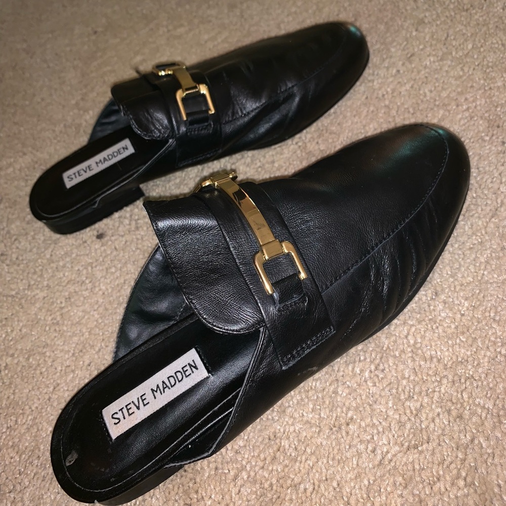 Black STEVE MADDEN loafers with gold buckles